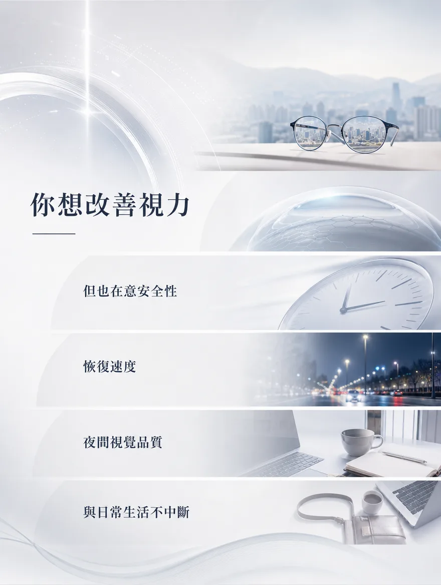 全雷射LASIK — 你想改善視力 — 但也在意安全性、恢復速度、夜間視覺品質,以及是否會中斷日常生活。