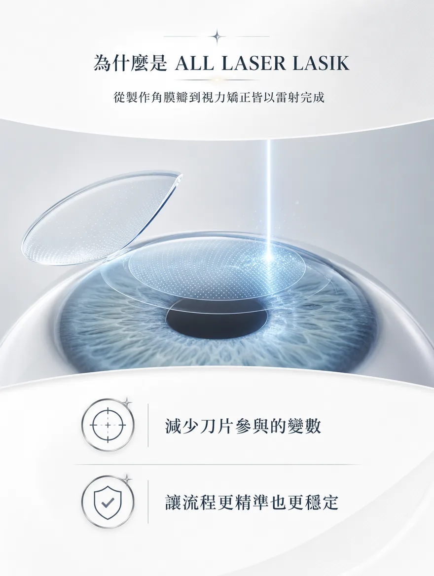 全雷射LASIK — 為什麼是 ALL LASER LASIK — 從製作角膜瓣到視力矯正皆以雷射完成,減少刀片參與的變數,讓流程更精準也更穩定。