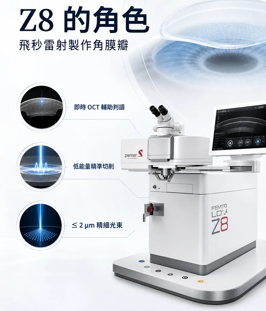 全雷射LASIK — Z8 的角色 — 以飛秒雷射製作角膜瓣:即時OCT輔助判讀、低能量精準切削、≤2μm的精細光束。