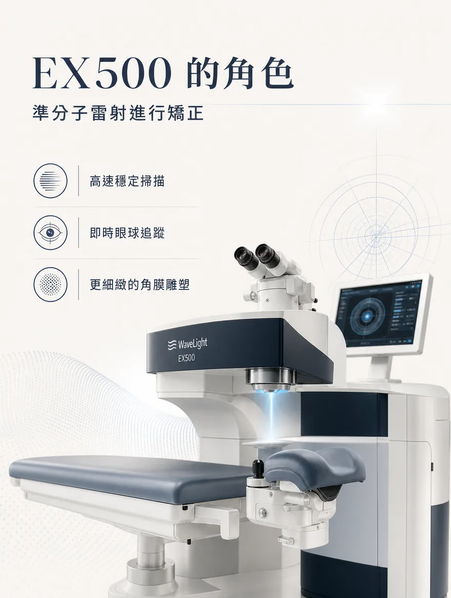 全雷射LASIK — EX500 的角色 — 以準分子雷射進行矯正:高速穩定掃描、即時眼球追蹤、更細緻的角膜雕塑。