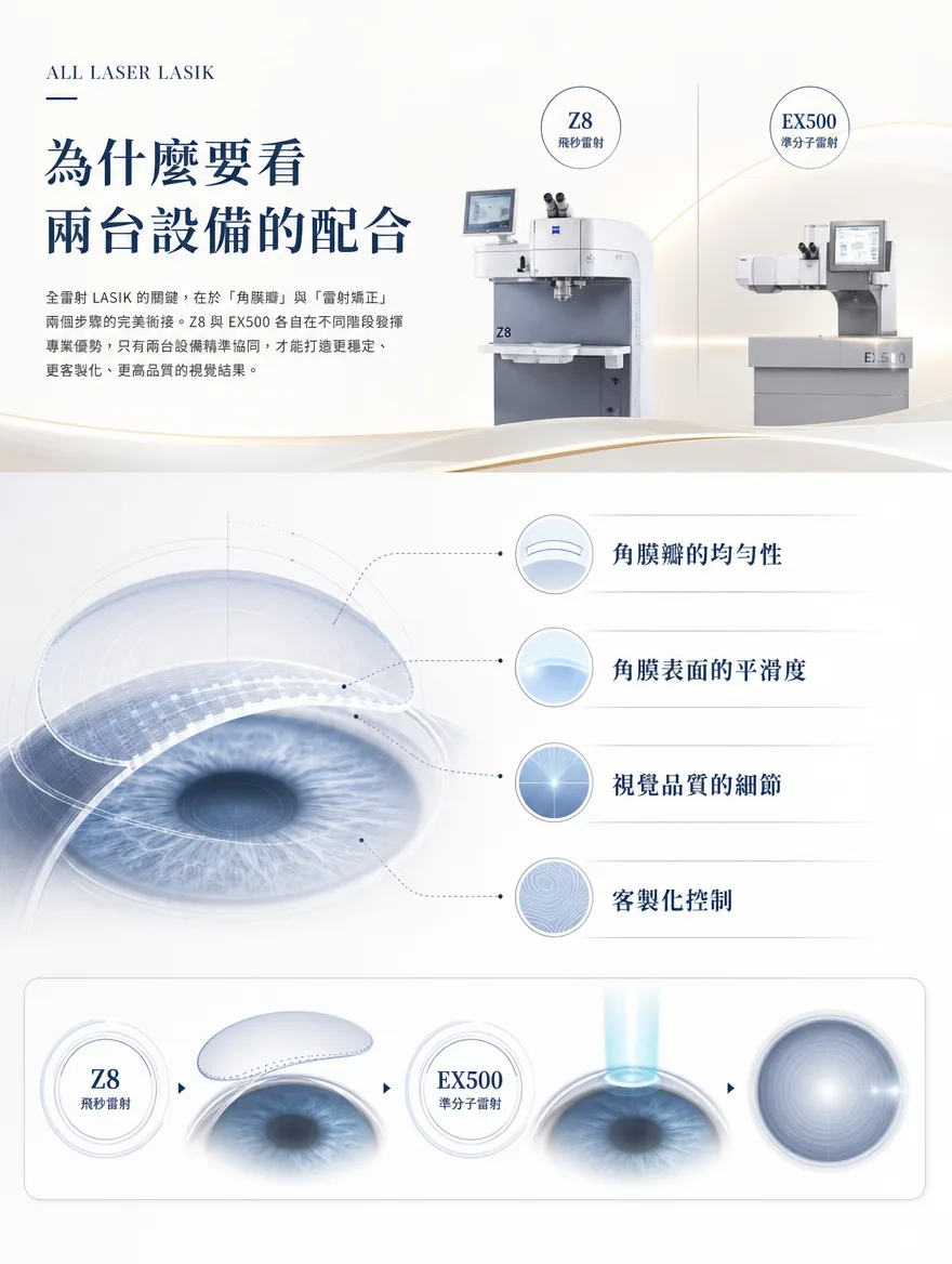 全雷射LASIK — 為什麼要看兩台設備的配合 — 全雷射LASIK的關鍵,在於「角膜瓣」與「雷射矯正」兩個步驟的完美銜接。Z8與EX500各自在不同階段發揮專業優勢,協同之下才能兼顧角膜瓣的均勻性、角膜表面的平滑度、視覺品質的細節與客製化控制。