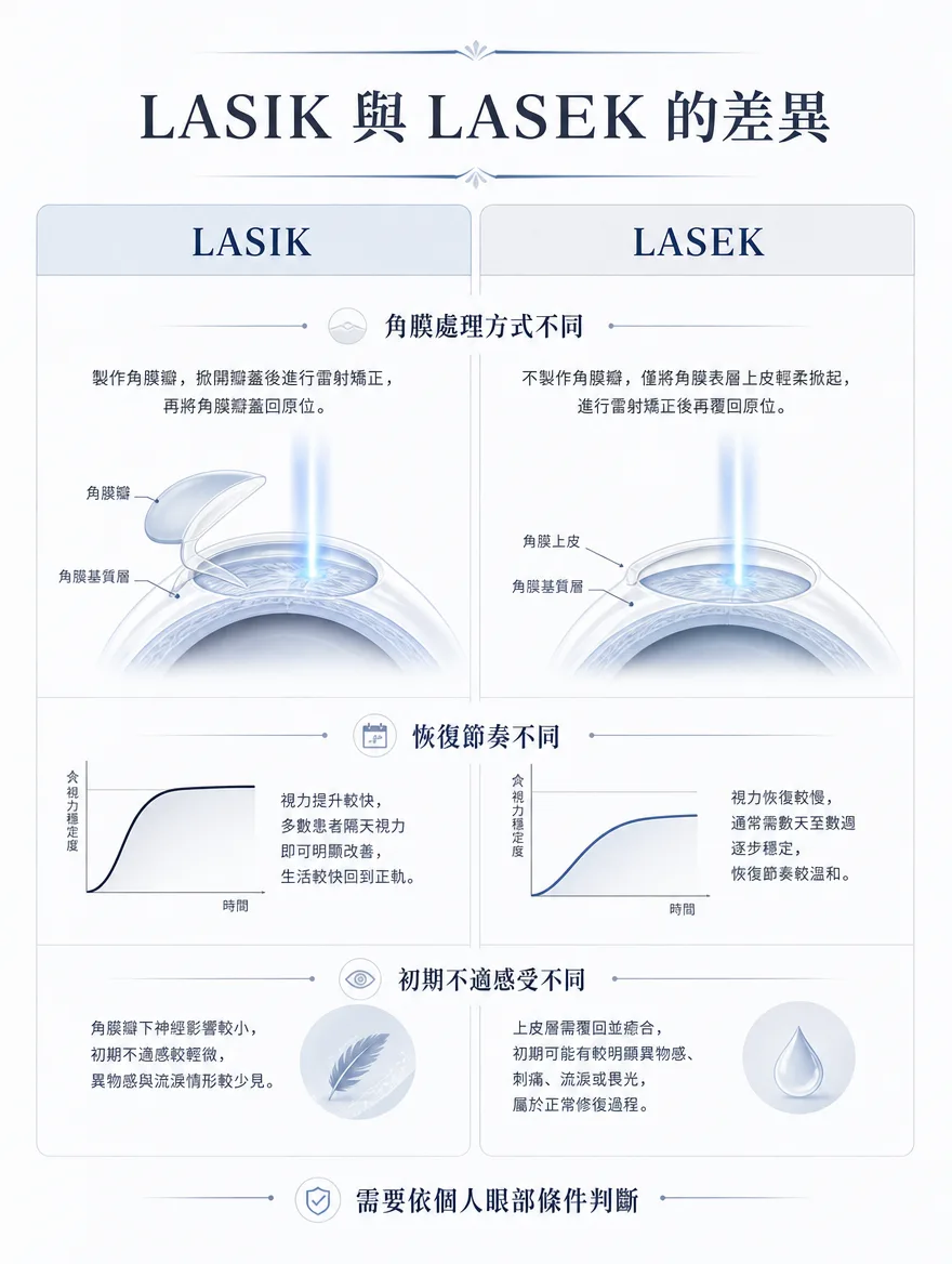 全雷射LASIK — LASIK與LASEK的差異 — 角膜處理方式不同:LASIK製作角膜瓣後雷射矯正再覆位;LASEK不製作角膜瓣,僅輕柔掀起角膜表層上皮後矯正再覆回。恢復節奏也不同,LASIK視力提升較快,多數患者隔天視力即有明顯改善;LASEK視力恢復較慢,通常需數天至數週逐步穩定。初期不適感受也不同,LASIK角膜瓣下神經影響較小,初期不適較輕微;LASEK上皮層需覆回癒合,初期可能有較明顯的異物感、刺痛或流淚,屬正常修復過程。適合哪一種需依個人眼部條件判斷。