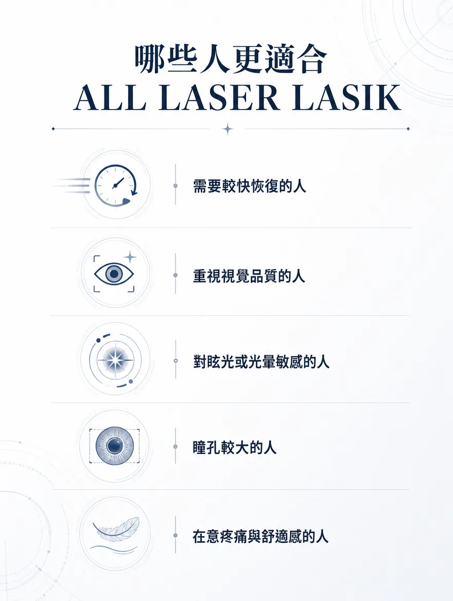 全雷射LASIK — 哪些人更適合 ALL LASER LASIK — 需要較快恢復的人、重視視覺品質的人、對眩光或光暈敏感的人、瞳孔較大的人,以及在意疼痛與舒適感的人。
