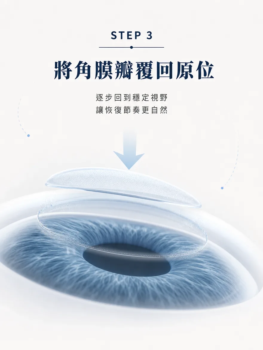 全雷射LASIK — 將角膜瓣覆回原位 — 逐步回到穩定視野,讓恢復節奏更自然。