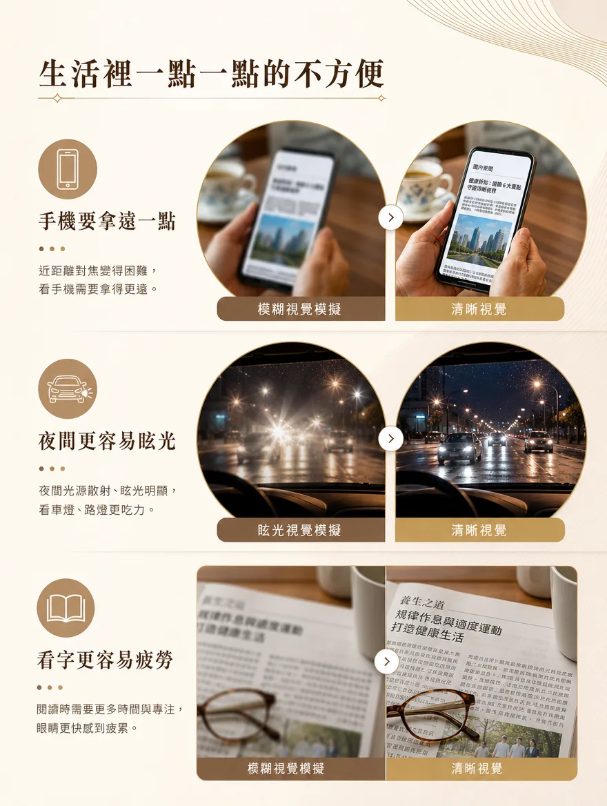 白內障手術 — 手機要拿遠一點,夜晚更容易眩光,看字更容易疲勞 — 改變不會一次到來,而是在生活中一點一點累積。滑手機時螢幕越拿越遠,夜間開車時對向來車的燈光顯得特別散射,讀報紙或書時比以前更需要明亮的光線與更長時間的專注。事實上,隨著白內障進展,也可能同時出現物體重影、顏色看起來偏黃褪色,以及即使更換眼鏡度數視力仍難以矯正等特徵。若這些小小的不便反覆出現,就是該檢視眼睛變化的時候了。