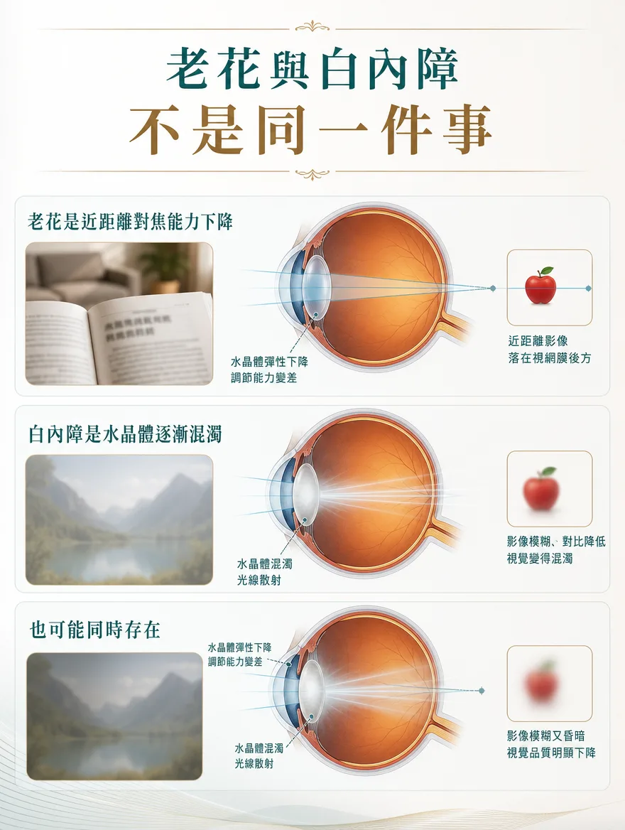 白內障手術 — 老花與白內障,不是同一件事 — 老花是水晶體彈性與調節力下降,導致難以對焦於近距離的變化,近距離影像會落在視網膜後方,使近處字體變得模糊。相對地,白內障則是水晶體本身逐漸混濁、光線散射,使影像模糊、對比降低的變化。兩者成因不同,但常常在同一時期一起出現,因此透過精密檢查判斷模糊究竟是來自調節力下降還是水晶體混濁,對於制定正確的治療方向十分重要。