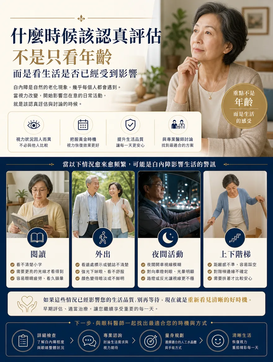 白內障手術 — 什麼時候該認真評估?重點不是年齡,而是生活的感受 — 白內障是幾乎每個人隨年齡增長都會遇到的自然老化現象。因此該認真評估的時機,關鍵不在年齡,而在於生活中重視的活動是否已經受到影響。閱讀時看不清小字、是否需要更亮的光線;外出時看遠處標示或號誌是否模糊;夜間開車時對向車燈是否特別刺眼;上下樓梯時距離感是否不準、容易踩空——若這些情況愈來愈頻繁,別再等待,現在就是重新看見清晰視野的好時機。及早評估、適當治療,才能守護您重要的每一天。