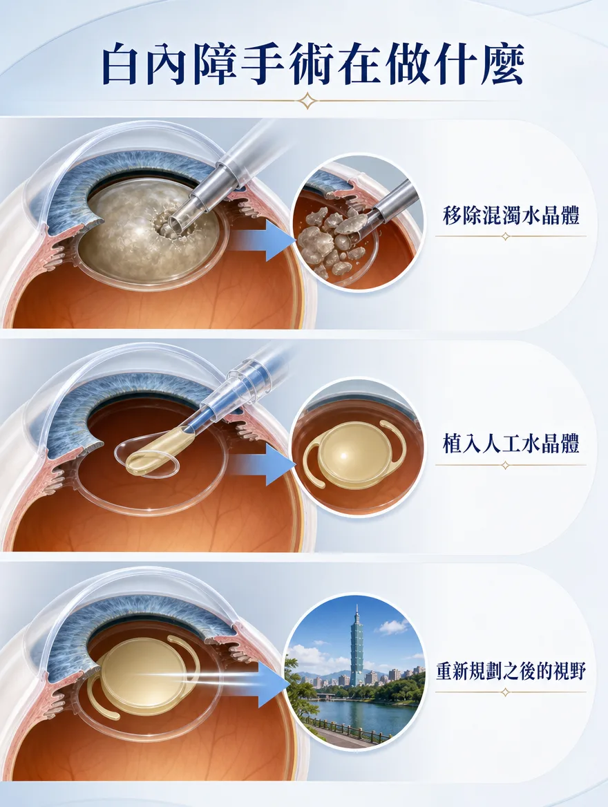 白內障手術 — 移除混濁水晶體,植入人工水晶體 — 白內障手術是移除已混濁的水晶體,並在原位置植入透明的人工水晶體(IOL)以恢復視力的治療。目前以超音波晶體乳化術(Phaco)為標準術式,透過微小切口將混濁的水晶體粉碎並吸出移除,再於排空的囊袋內植入依患者眼睛量身計算度數的人工水晶體,使其穩定定位。可以說,這是一段重新讓光線清楚聚焦、找回清晰視野的過程。