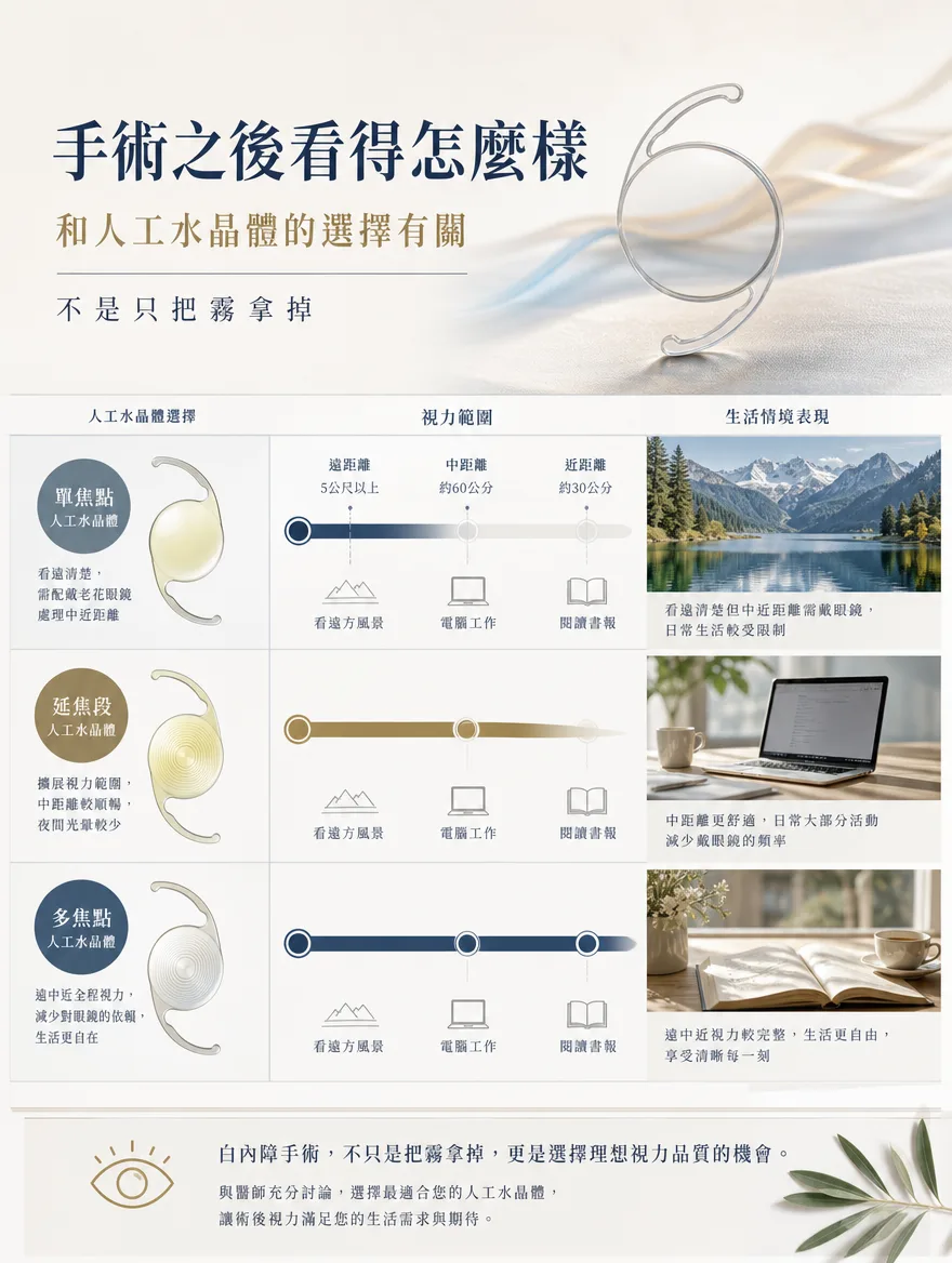 白內障手術 — 手術之後看得怎麼樣,和人工水晶體的選擇有關——不是只把霧拿掉 — 人工水晶體大致分為單焦點、延焦段(EDOF)、多焦點三種,各自支援的視力範圍不同。單焦點鏡片聚焦在遠距離(約5公尺以上),看遠清楚,但中近距離仍需配戴老花眼鏡。延焦段鏡片能自然銜接遠距離到中距離(約60公分),有助於降低使用電腦等中距離活動時對眼鏡的依賴。多焦點鏡片則能廣泛支援遠、中、近距離(約30公分),有助於不戴眼鏡也能應付生活中各種距離的需求。白內障手術不只是把霧拿掉,更是選擇理想視力品質的機會。