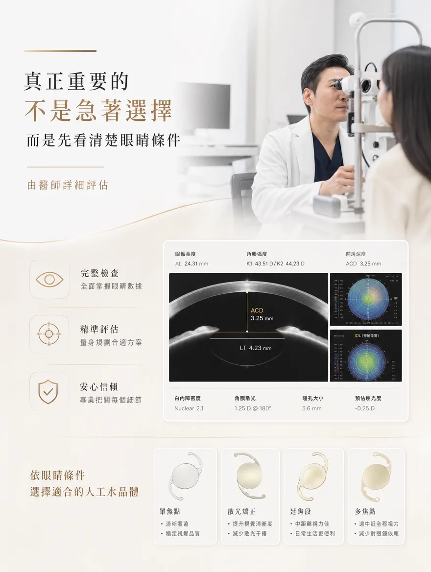 白內障手術 — 真正重要的不是急著選擇,而是先看清楚眼睛條件 — 人工水晶體是一輩子留在眼內的鏡片,因此謹慎選擇十分重要。眼軸長度與角膜弧度、前房深度等眼球測量值,白內障混濁程度,角膜散光的有無與程度,乃至瞳孔大小——綜合多項精密檢查數據計算預估屈光度,並依此在單焦點、散光矯正(Toric)、延焦段、多焦點之中,篩選出符合眼睛條件的鏡片。若有散光,選用散光矯正型鏡片一併矯正散光,可望獲得更清晰的視野。與醫師一起確認數據並做出決定的這個過程,將左右手術成效的滿意度。