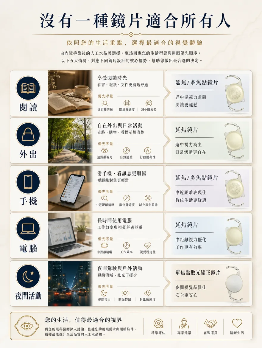 白內障手術 — 閱讀、外出、手機、電腦、夜間活動——生活重點決定答案 — 沒有一種鏡片適合所有人。若閱讀與文書工作較多,能廣泛支援近、中、遠距離的延焦/多焦點鏡片有助於更輕鬆地閱讀;若散步、購物等外出活動頻繁,以遠距離視力為主、過渡自然的延焦鏡片會更合適。經常滑手機的人適合中近距離表現佳的鏡片;長時間使用電腦則以優化中距離視力的鏡片提升效率;夜間駕駛較多、對眩光敏感者,可考慮以視覺品質與安全為優先的單焦點(散光矯正)鏡片。最終答案,是與眼科醫師深入討論後,依據您的用眼優先順序量身選擇。