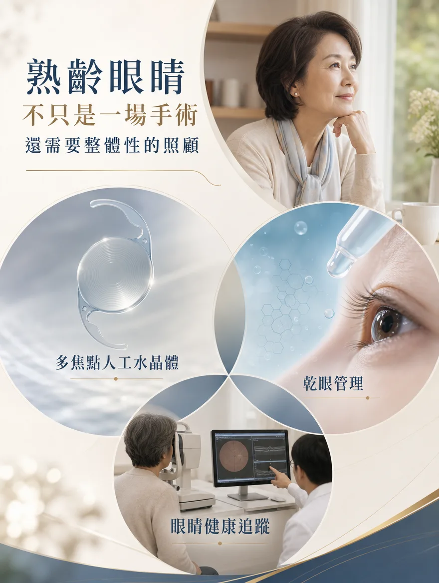 白內障手術 — 熟齡眼睛不只是一場手術,還需要整體性的照顧 — 白內障手術之後,眼睛健康管理仍會持續。依醫師建議定期回診檢查,追蹤人工水晶體位置、眼壓、視力與眼底健康,才能及早發現、及早處理。術後仍可能殘留乾澀、異物感,因此規律使用人工淚液、溫熱敷、保持環境濕潤,並攝取富含Omega-3的均衡飲食,打造良好的眼表環境,有助於提升視覺舒適度與品質。此外,除了白內障,熟齡眼睛也需要留意其他眼部疾病的風險,外出防曬(配戴太陽眼鏡)、透過定期檢查早期發現、均衡飲食補充營養、避免過度用眼——這些生活習慣的累積,才是守護長期視力健康的關鍵。