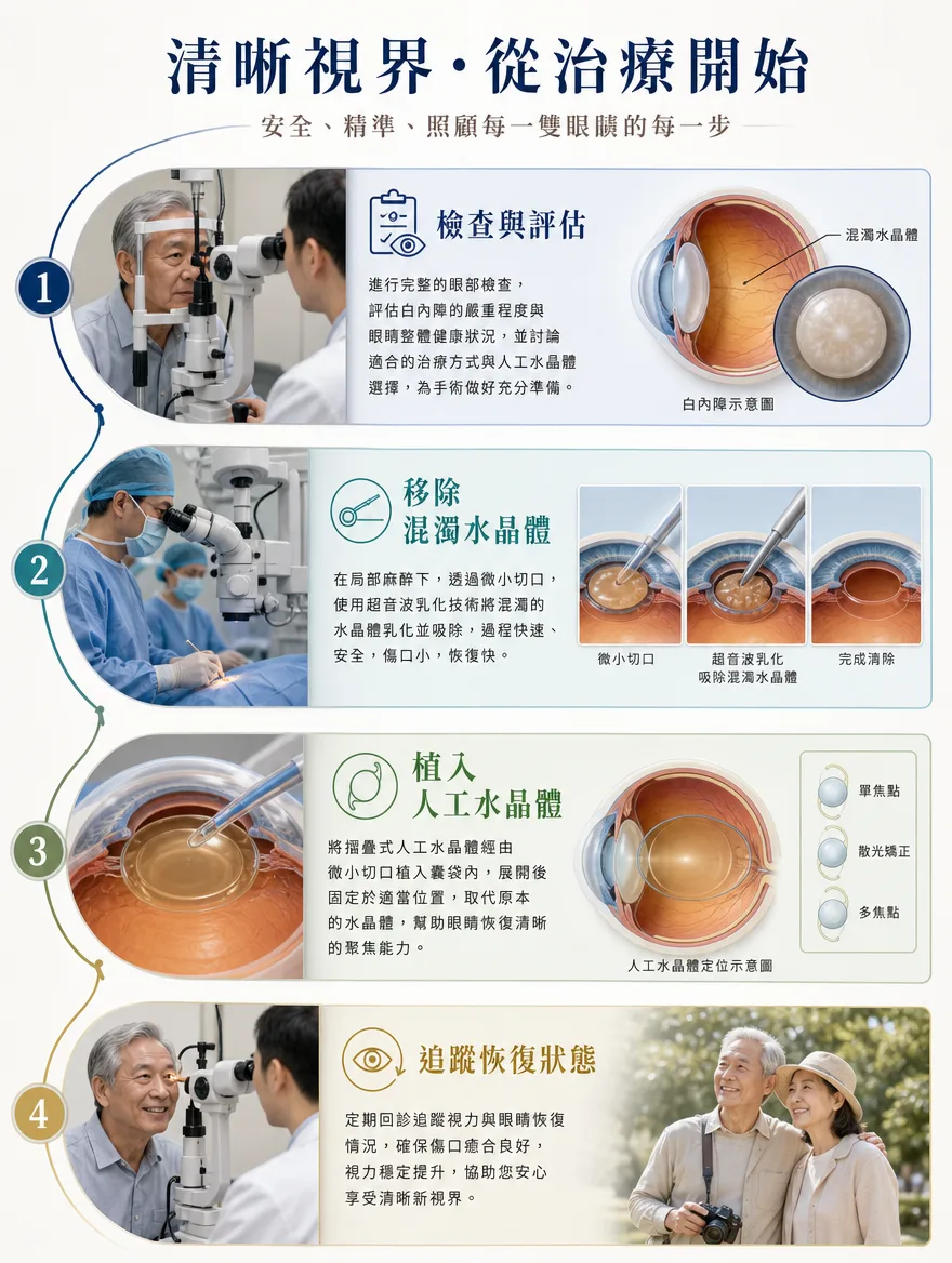 白內障手術 — 清晰視界,從治療開始——安全、精準的四個步驟 — ①檢查與評估——進行完整的眼部檢查,評估白內障的嚴重程度與眼睛整體健康狀況,並一同討論合適的人工水晶體。②移除混濁水晶體——局部麻醉後,透過微小切口以超音波乳化技術將混濁的水晶體分解並吸除,過程快速、切口小,恢復相對輕鬆。③植入人工水晶體——將摺疊式人工水晶體經由同一微小切口植入囊袋內,展開後固定於適當位置,取代原本的水晶體,幫助眼睛恢復清晰的聚焦能力。④追蹤恢復狀態——透過定期回診確認視力與眼睛恢復情況,觀察傷口是否癒合良好、視力是否穩定提升。