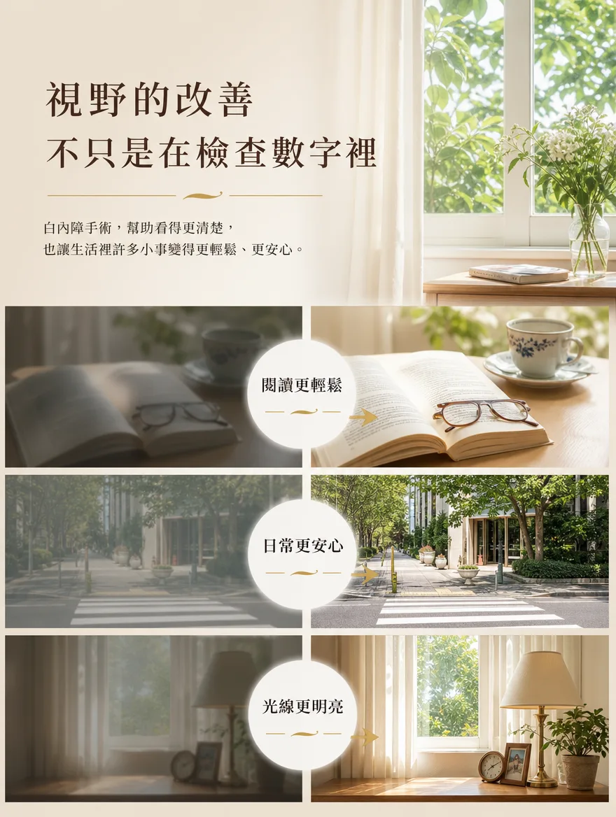 白內障手術 — 視野的改善,不只是在檢查數字裡 — 白內障手術幫助看得更清楚,也讓生活裡的許多小事變得更輕鬆、更安心。讀書時眼睛不再像以前那樣容易疲勞,散步或外出時路標與號誌重新變得清晰、步伐更安心,家中的光線也感覺比以前更明亮清楚。檢查數字的改善固然重要,但唯有這份改變在日常的小小片刻中被真切感受到,手術的意義才算真正完整。