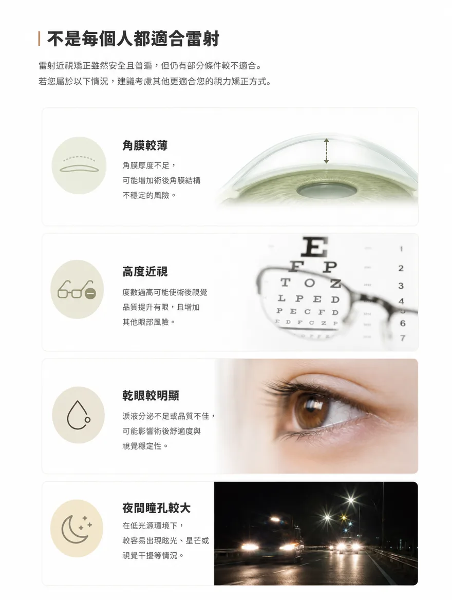 眼內鏡片植入術（ICL） — 不是每個人都適合雷射 — 角膜較薄、高度近視、乾眼較明顯，或夜間瞳孔較大時，雷射近視矯正可能較不適合。