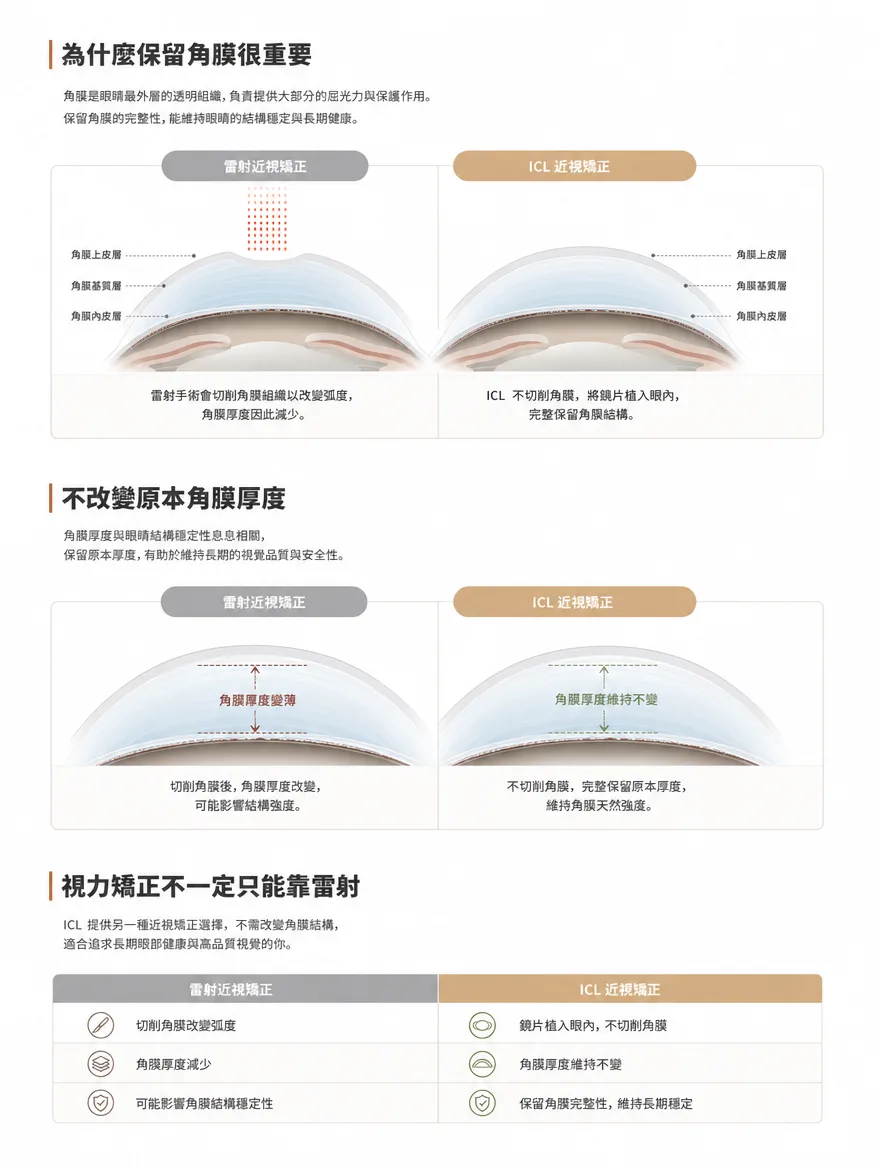 眼內鏡片植入術（ICL） — 為什麼保留角膜很重要 — 角膜是眼睛最外層的透明組織，負責提供大部分的屈光力與保護作用。雷射手術會切削角膜使厚度變薄，ICL 則不切削角膜，完整保留角膜結構與厚度。
