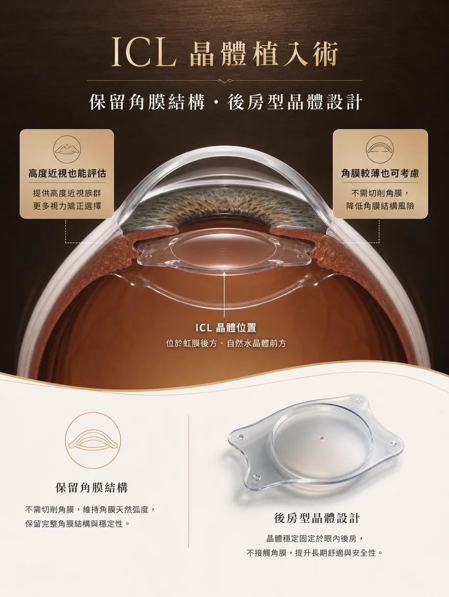眼內鏡片植入術（ICL） — 保留角膜結構．後房型晶體設計 — ICL 晶體位於虹膜後方、自然水晶體前方。高度近視也能評估，角膜較薄也可考慮，且不需切削角膜，維持角膜天然弧度。