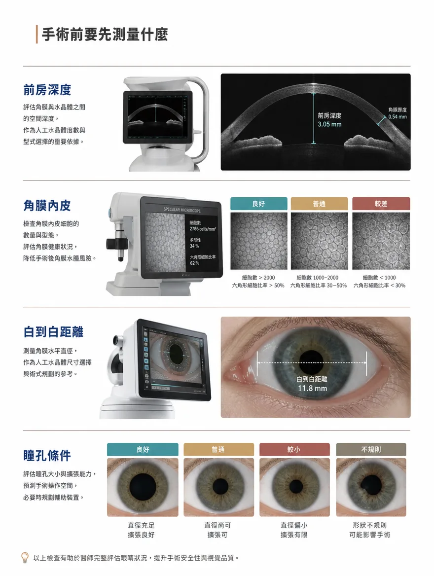 眼內鏡片植入術（ICL） — 手術前要先測量什麼 — 評估前房深度、角膜內皮細胞數量與型態、白到白距離（角膜水平直徑）、瞳孔大小與擴張能力，作為人工水晶體度數與型式選擇的重要依據。以上檢查有助於醫師完整評估眼睛狀況，提升手術安全性與視覺品質。