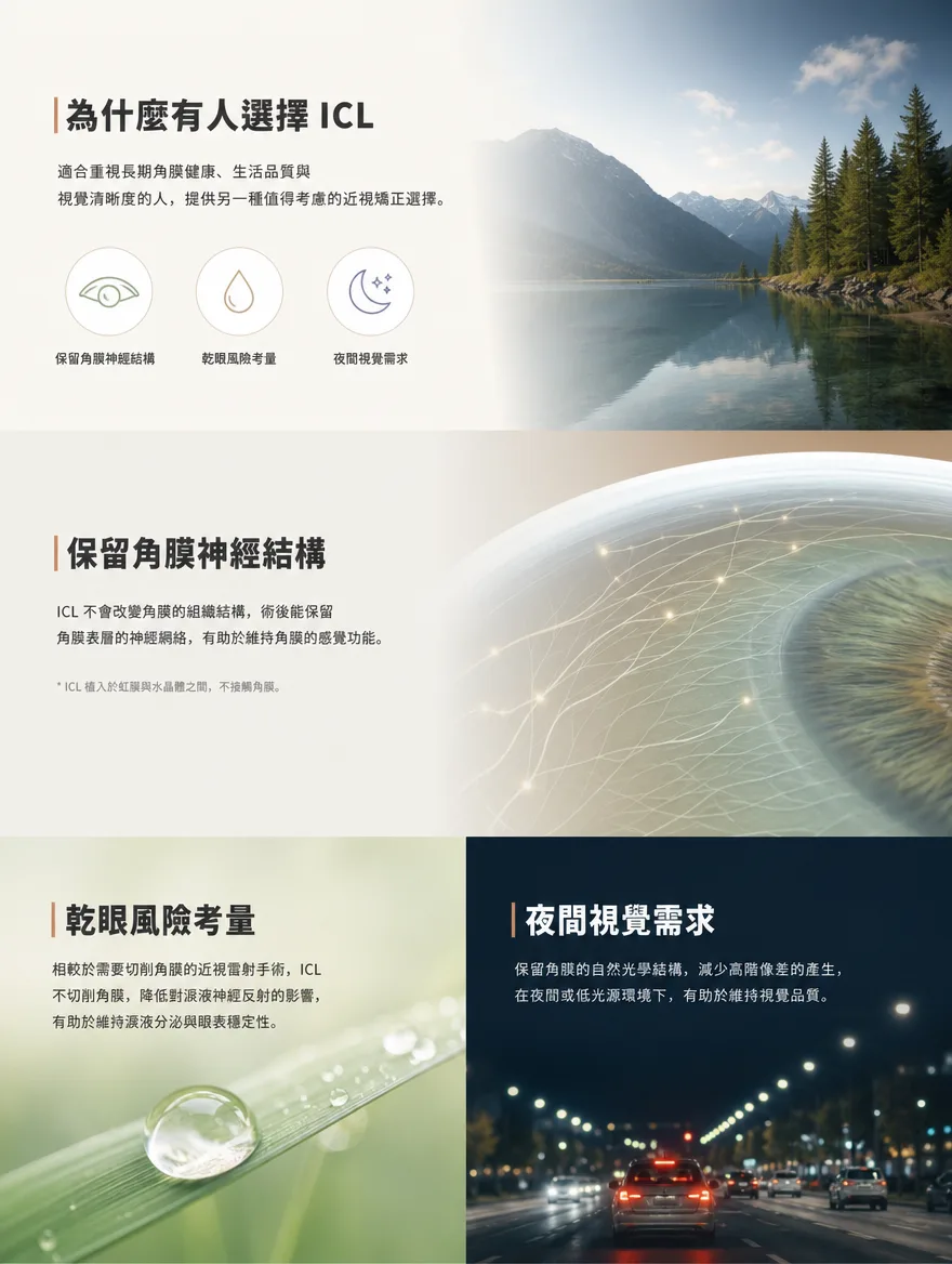 眼內鏡片植入術（ICL） — 為什麼有人選擇 ICL — 適合重視長期角膜健康、生活品質與視覺清晰度的人，提供另一種值得考慮的近視矯正選擇。ICL 不會改變角膜的組織結構，術後能保留角膜表層的神經網絡，有助於維持角膜的感覺功能（ICL 植入於虹膜與水晶體之間，不接觸角膜）。相較於需要切削角膜的近視雷射手術，ICL 不切削角膜，降低對淚液神經反射的影響，有助於維持淚液分泌與眼表穩定性。保留角膜的自然光學結構，減少高階像差的產生，在夜間或低光源環境下，有助於維持視覺品質。