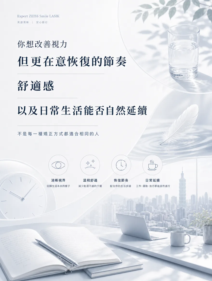 ZEISS SMILE LASIK — 你想改善視力,但更在意恢復的節奏、舒適感,以及日常生活能否自然延續 — 不是每一種矯正方式都適合相同的人。清晰視界:回歸生活本來的樣子.溫和舒適:減少乾澀不適的干擾.恢復節奏:配合你的生活步調.日常延續:工作、運動、旅行都能自然進行。