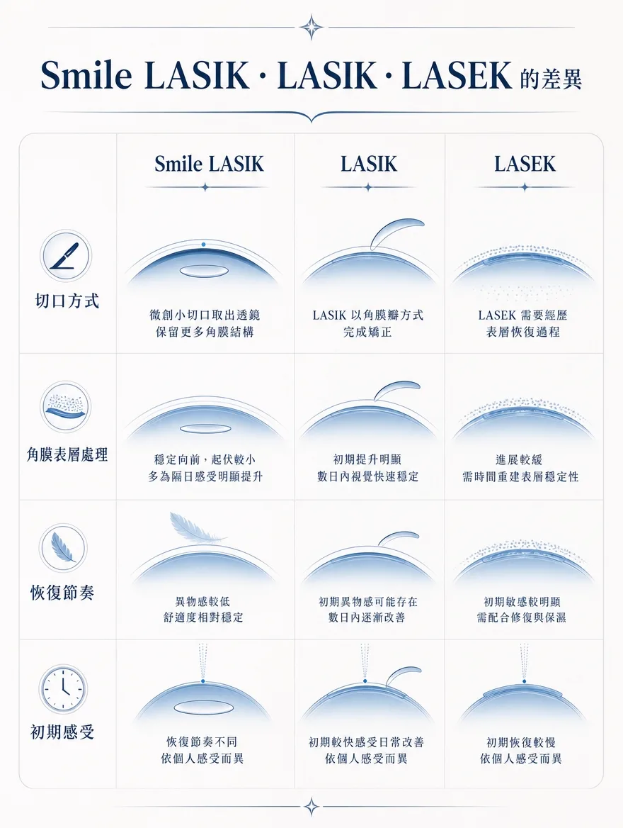 ZEISS SMILE LASIK — Smile LASIK.LASIK.LASEK 的差異 — 切口方式:Smile LASIK 以微創小切口取出透鏡,保留更多角膜結構;LASIK 以角膜瓣方式完成矯正;LASEK 需要經歷表層恢復過程。角膜表層處理:Smile LASIK 穩定向前、起伏較小,多為隔日感受明顯提升;LASIK 初期提升明顯,數日內視覺快速穩定;LASEK 進展較緩,需時間重建表層穩定性。恢復節奏:Smile LASIK 異物感較低、舒適度相對穩定;LASIK 初期異物感可能存在,數日內逐漸改善;LASEK 初期敏感較明顯,需配合修復與保濕。三者初期感受皆依個人狀況而異。