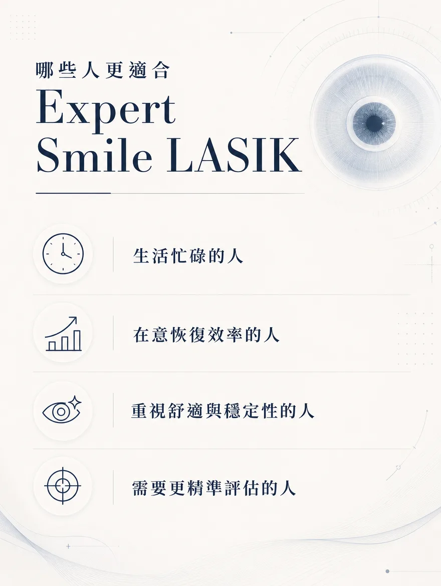 ZEISS SMILE LASIK — 哪些人更適合 Expert Smile LASIK — 生活忙碌的人.在意恢復效率的人.重視舒適與穩定性的人.需要更精準評估的人。