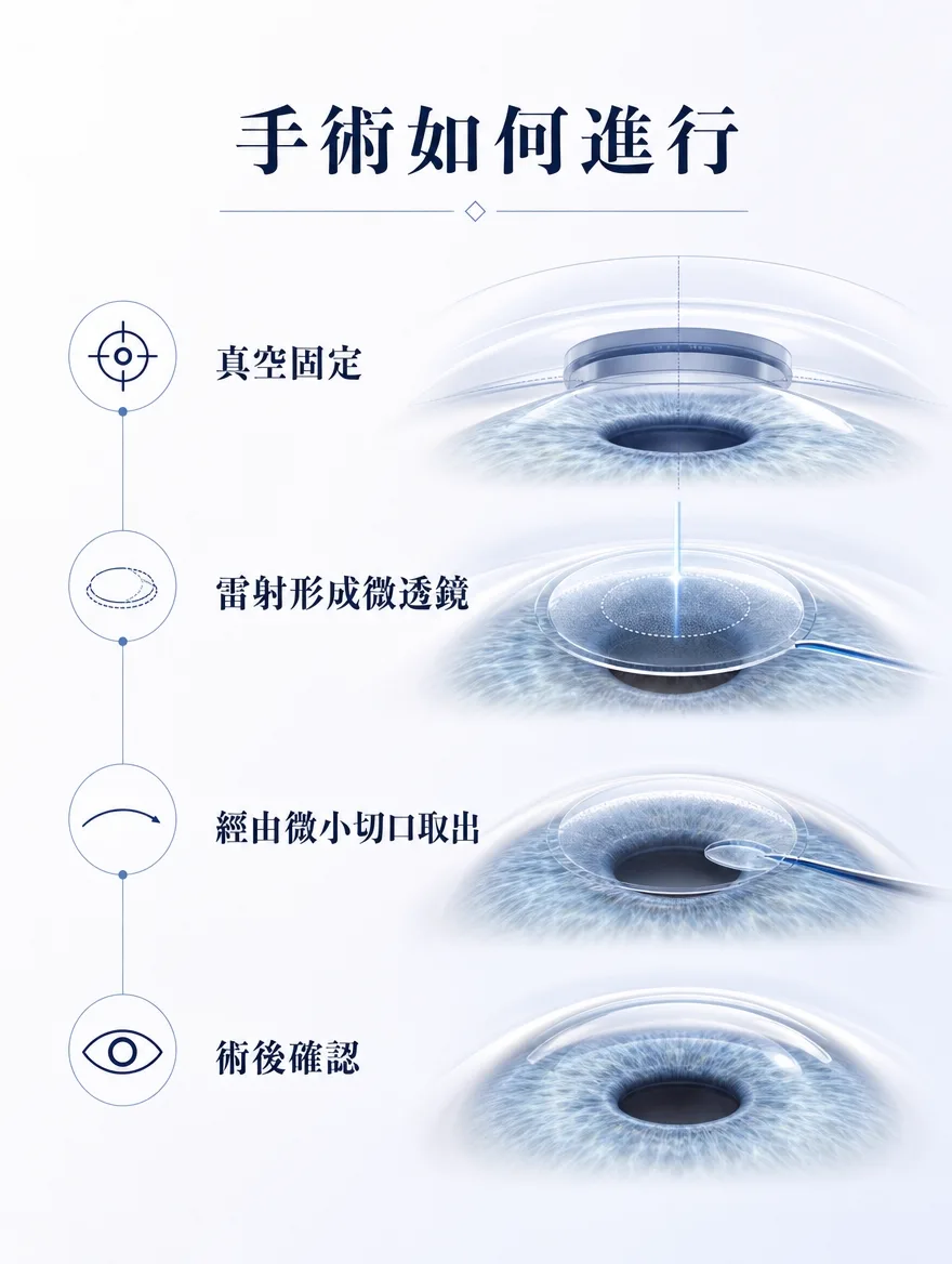 ZEISS SMILE LASIK — 手術如何進行 — 真空固定.雷射形成微透鏡.經由微小切口取出.術後確認。