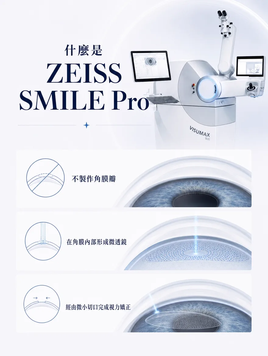 ZEISS SMILE Pro — 什麼是 ZEISS SMILE Pro — 不製作角膜瓣,以雷射在角膜內部精準形成微透鏡,經由微小切口完成視力矯正