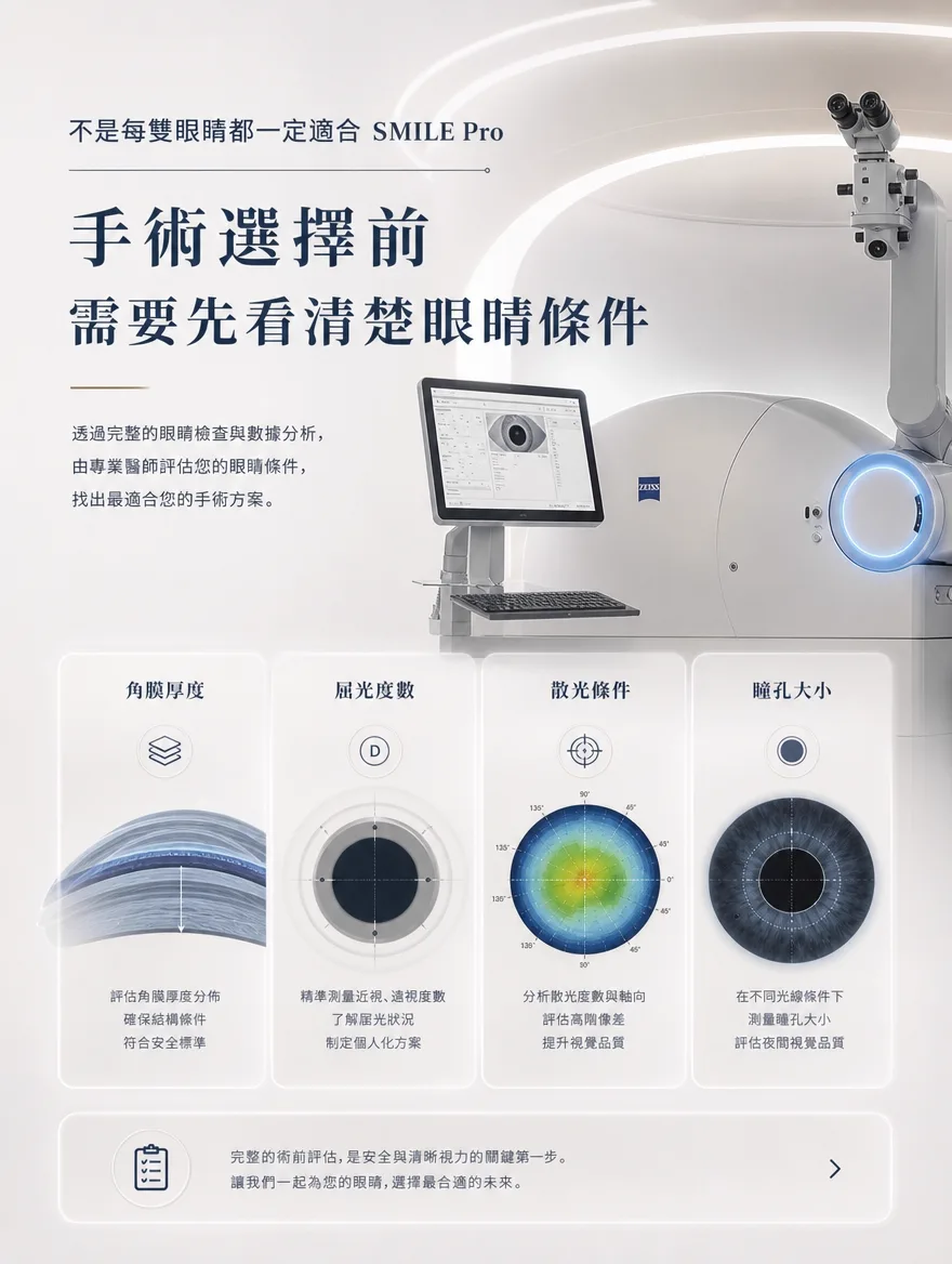 ZEISS SMILE Pro — 手術選擇前 需要先看清楚眼睛條件 — 透過角膜厚度、屈光度數、散光條件、瞳孔大小等完整的眼睛檢查與數據分析,由專業醫師評估眼睛條件,找出最適合的手術方案