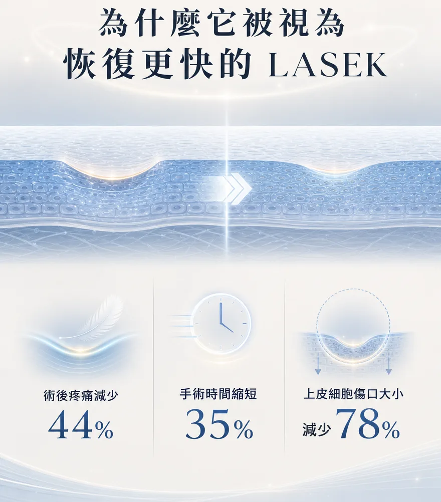 StreamLight 經上皮雷射(LASEK) — 為什麼它被視為恢復更快的LASEK — 術後疼痛減少44%,手術時間縮短35%,上皮細胞傷口大小減少78%。