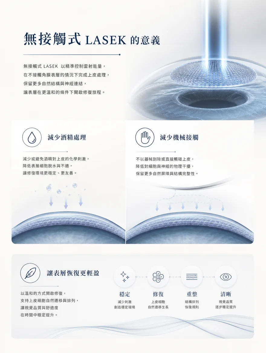 StreamLight 經上皮雷射(LASEK) — 無接觸式 LASEK 的意義 — 無接觸式LASEK以精準控制雷射能量完成上皮處理,不直接接觸角膜表層,保留更多自然結構與神經連結。減少酒精與機械接觸,讓表層在更溫和的條件下,經歷穩定、修復、重整到清晰的恢復歷程。