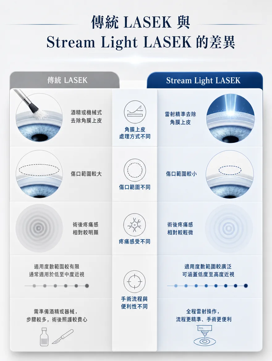 StreamLight 經上皮雷射(LASEK) — 傳統 LASEK 與 Stream Light LASEK 的差異 — 傳統LASEK以酒精或機械式去除角膜上皮,傷口範圍較大,術後疼痛感相對明顯,適用度數範圍較有限;Stream Light LASEK以雷射精準去除角膜上皮,傷口範圍較小,術後疼痛感相對較輕微,可涵蓋低度至高度近視,全程雷射操作,流程更精準、手術更便利。