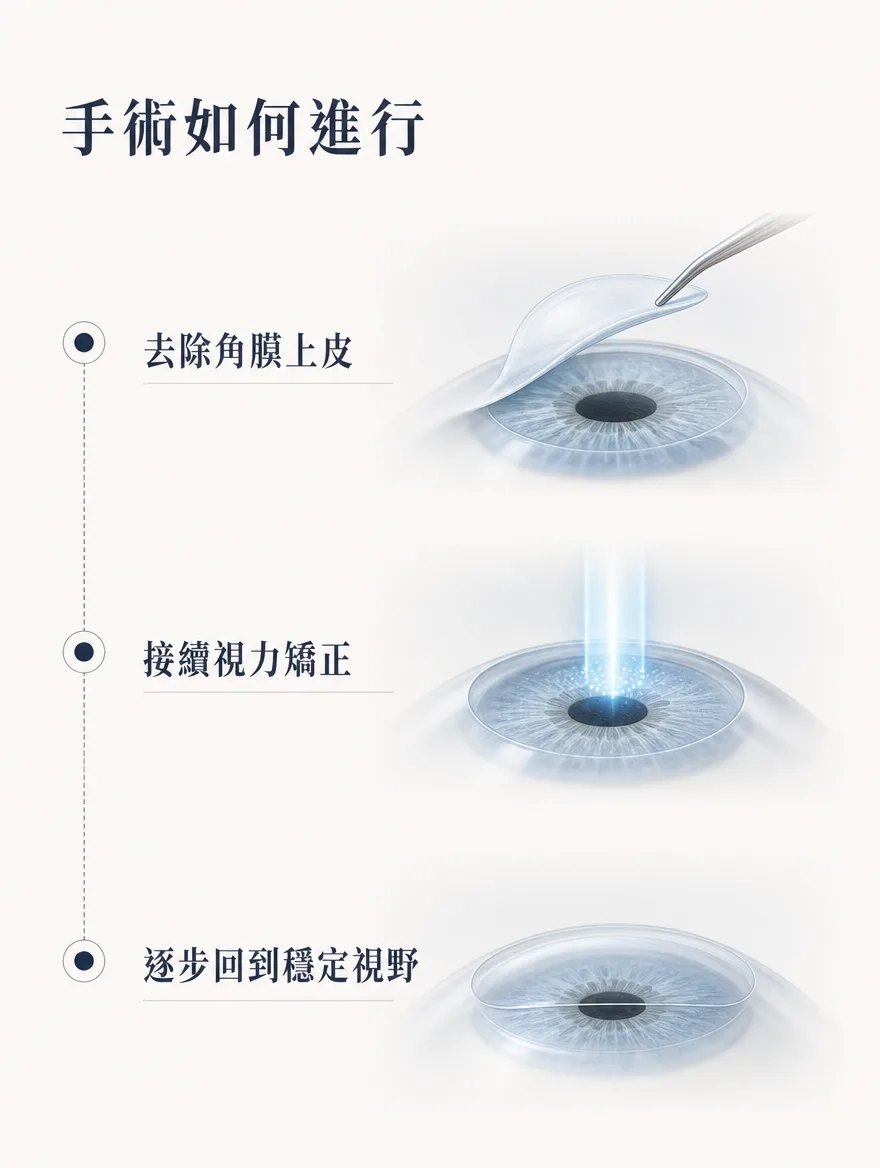 StreamLight 經上皮雷射(LASEK) — 手術如何進行 — 去除角膜上皮,接續視力矯正,逐步回到穩定視野。
